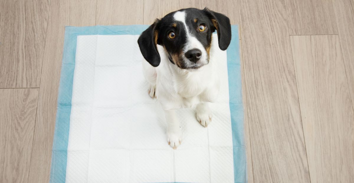 A dog sits on a training pad on a wooden floor, looking up.