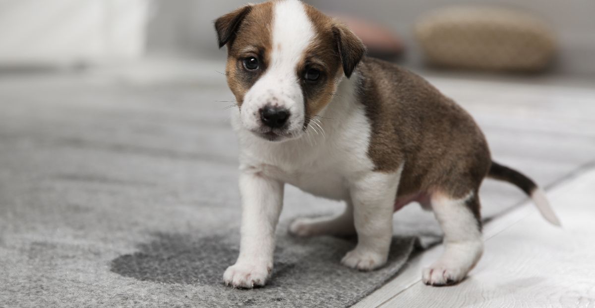 A small brown and white puppy sits on a gray carpet beside a wet spot.