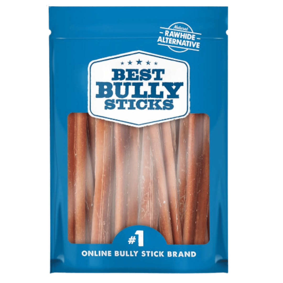 Blue package of "Best Bully Sticks," labeled as the number one online bully stick brand and a natural rawhide alternative.