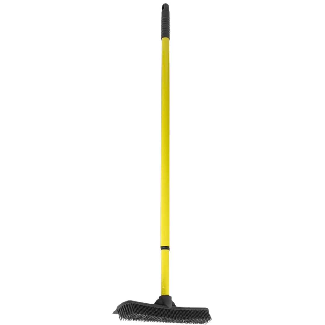 Yellow broom with a rubber bristle head and a long handle.