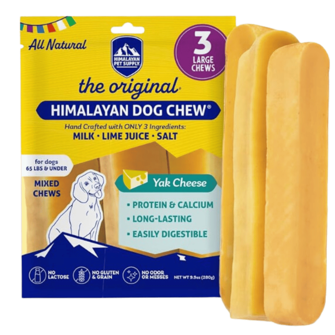 Close-up of a package of Himalayan Dog Chew, labeled as all-natural, with three large chews. Ingredients include milk, lime juice, and salt. Suitable for dogs 65 lbs and under.