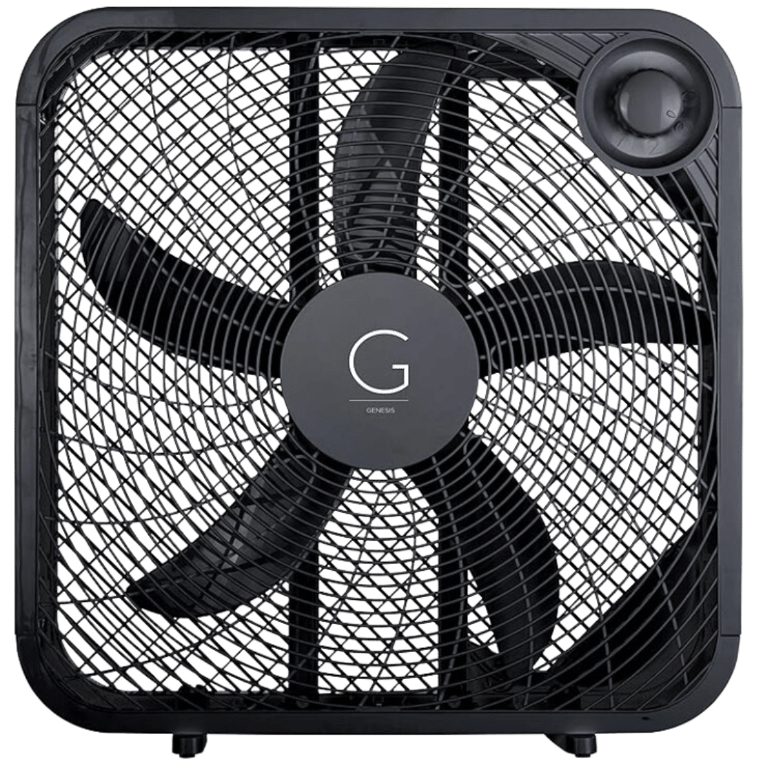 Black box fan with large central G logo, three speed settings, and a protective grill.