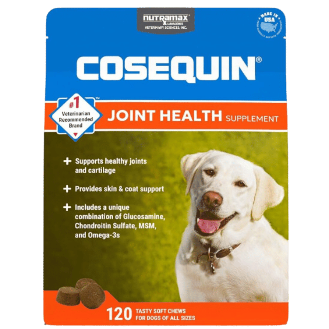 Cosequin Joint Health Supplement for dogs, 120 soft chews. Promotes joint, cartilage, skin, and coat support. Contains Glucosamine, Chondroitin Sulfate, MSM, and Omega-3s.