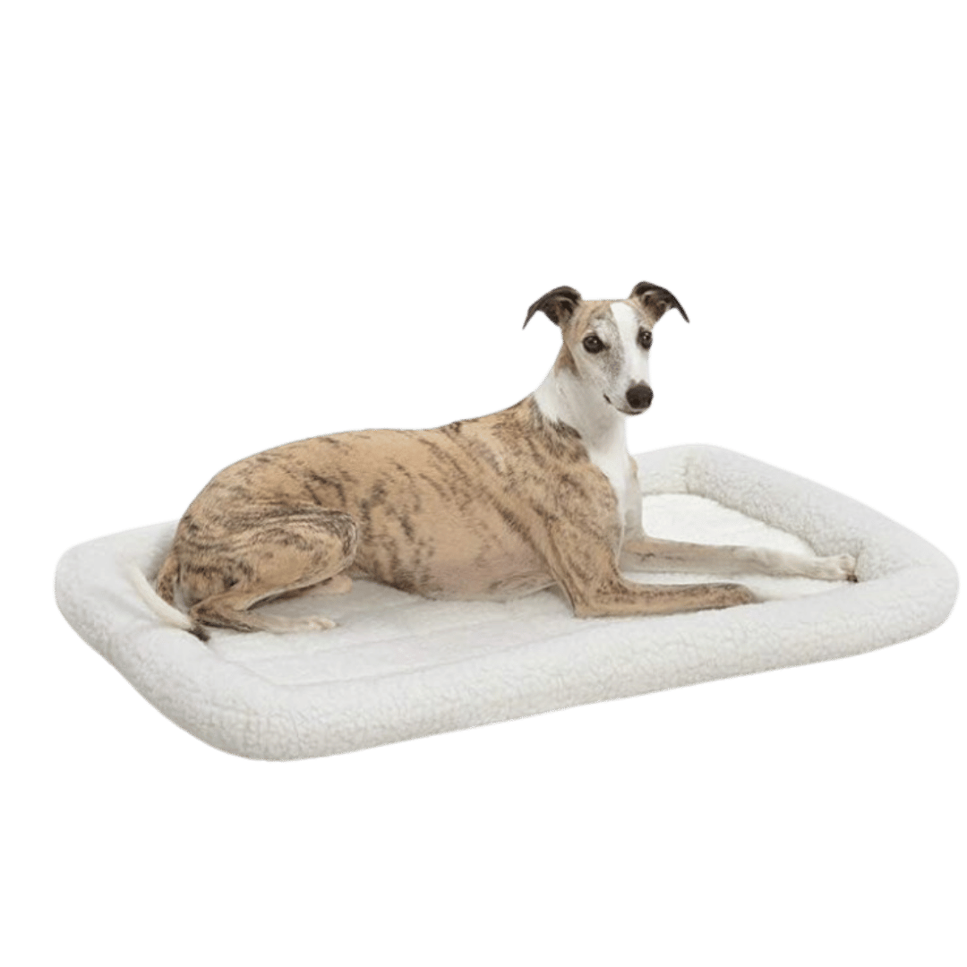 Brindle greyhound lying on a soft, rectangular dog bed with a white fleece border.