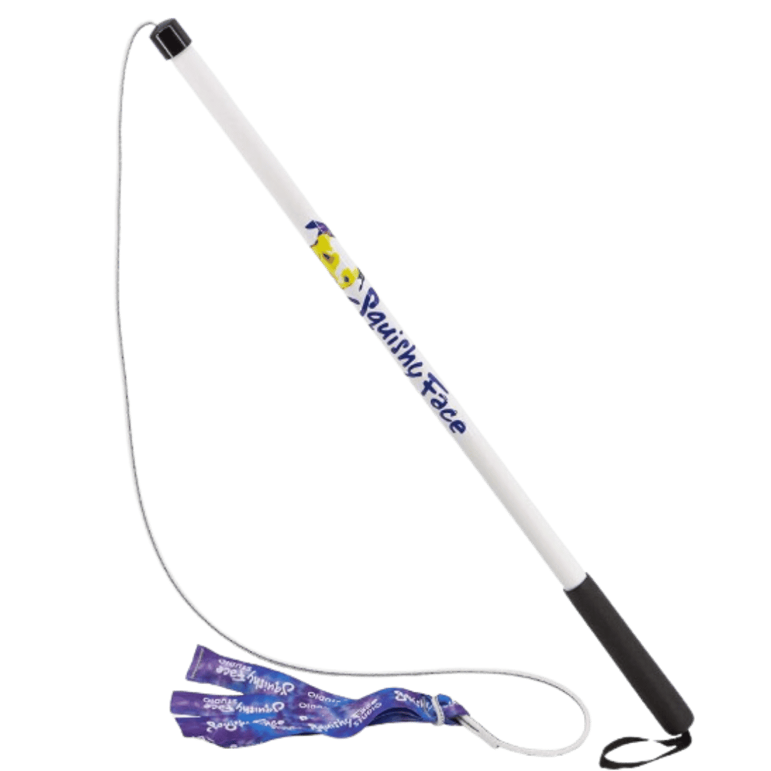 A white bat with a black handle, branded "PainfulFree," featuring a long attached purple ribbon and a cord loop.