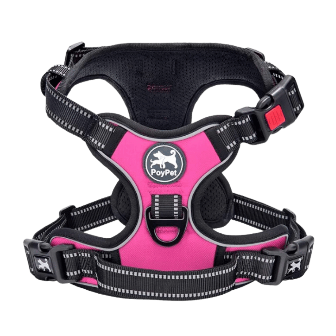 A pink and black PovPet dog harness with adjustable straps and quick-release buckles.