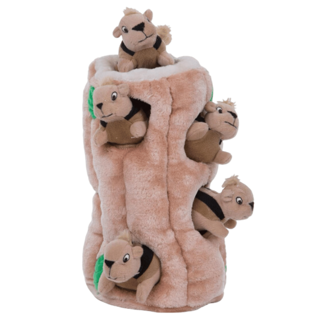 Plush toy featuring four chipmunk-like creatures inside and around a soft tree trunk with openings.