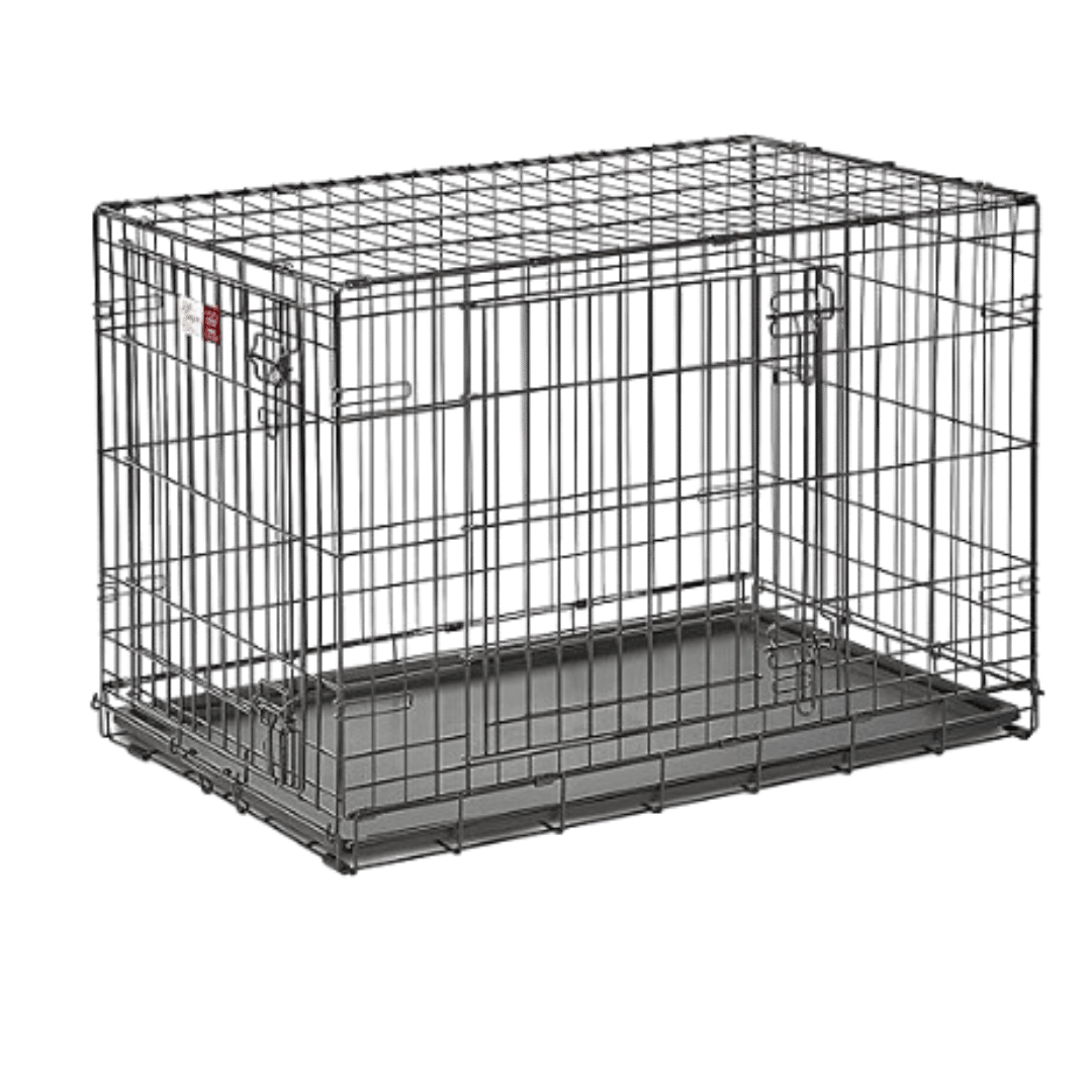 A black metal wire pet crate with a bottom tray.