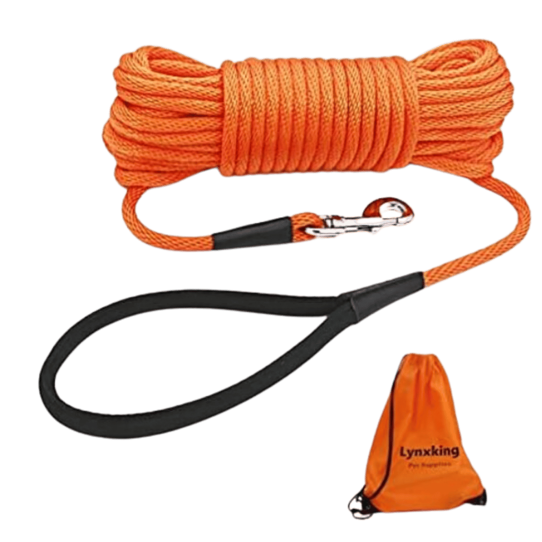 Orange dog training leash with a loop handle and metal clip, coiled and accompanied by an orange Lynxking storage bag.