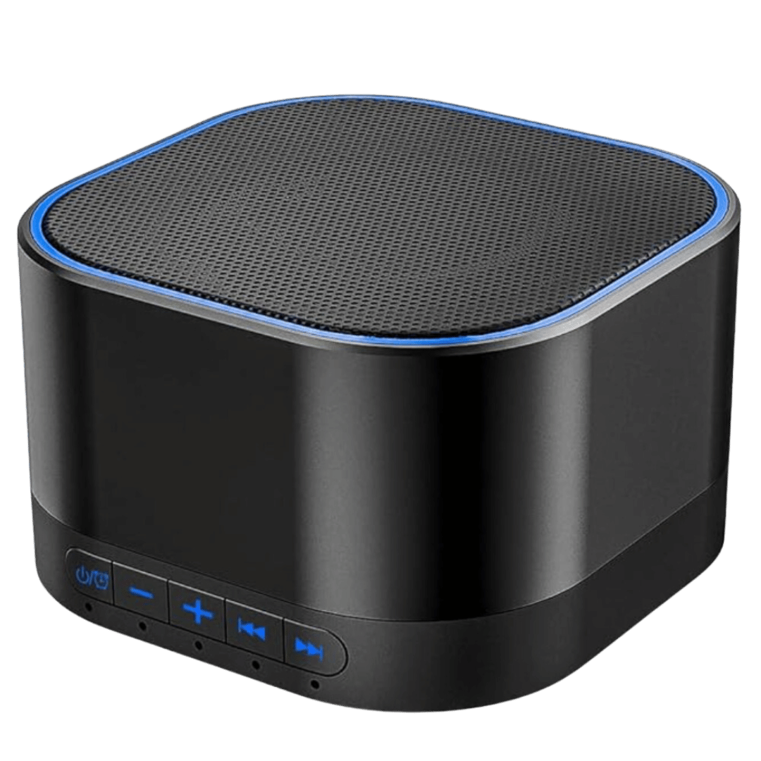 A black portable Bluetooth speaker with control buttons on the front and a blue accent around the top edge.