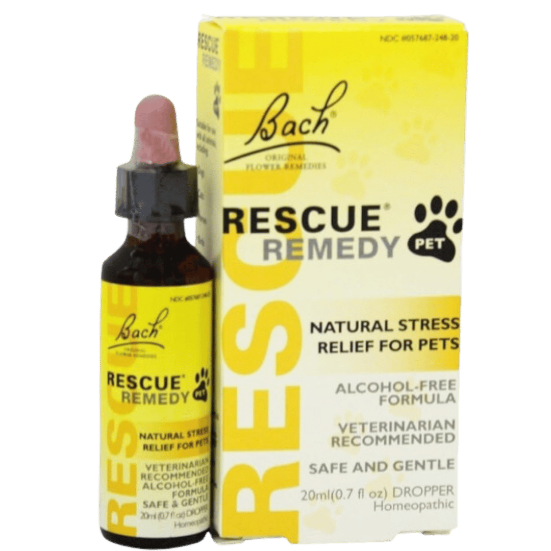 A bottle and box of Bach Rescue Remedy for pets. Label highlights natural stress relief, alcohol-free formula, veterinarian recommended, safe and gentle.