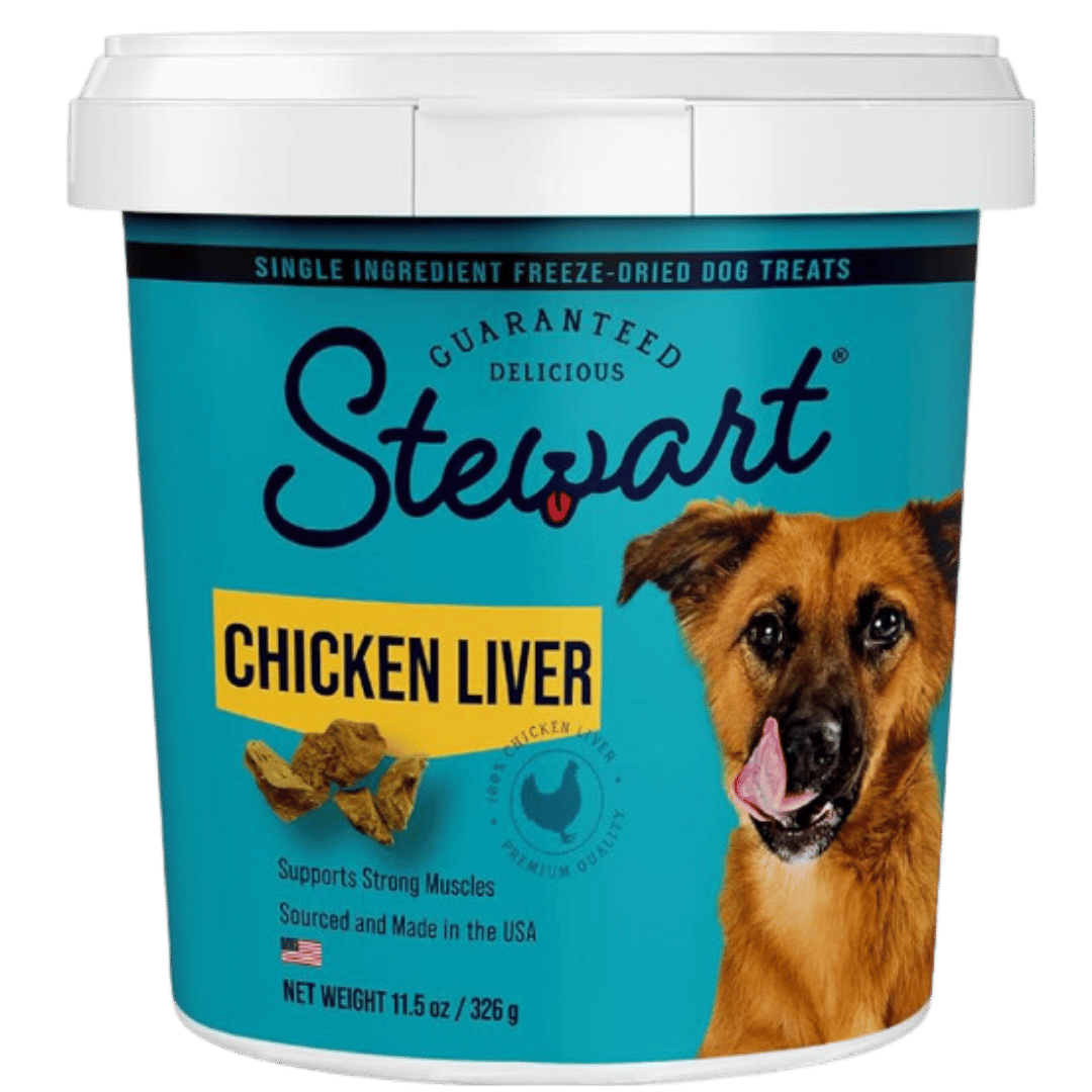 Container of Stewart Chicken Liver freeze-dried dog treats, 11.5 oz, showing a dog and product details on the label.