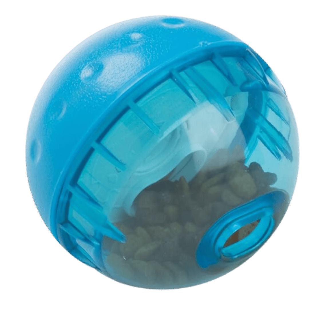 Blue plastic pet treat ball with visible treats inside.